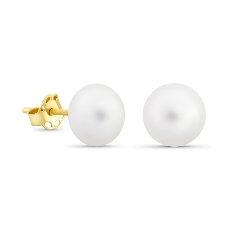 14K Yellow Gold Ball White Pearl 10mm Stud Earrings