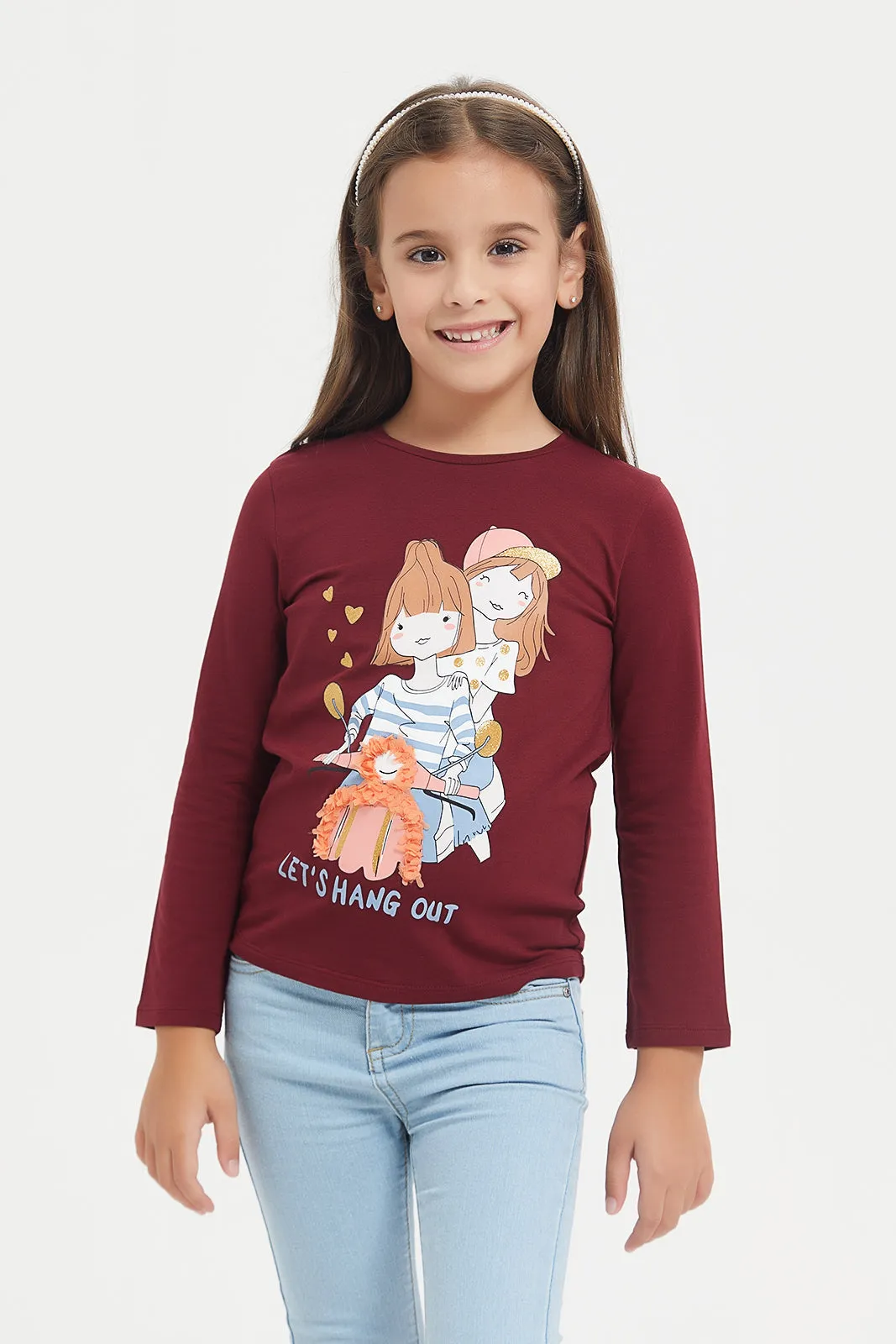 Girls Red Net Embroidery T-Shirt