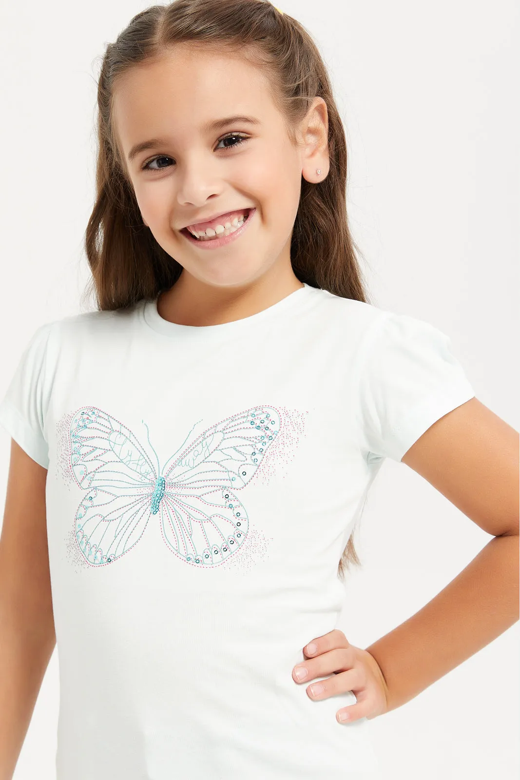 Girls White Butterfly Sequins T-Shirt