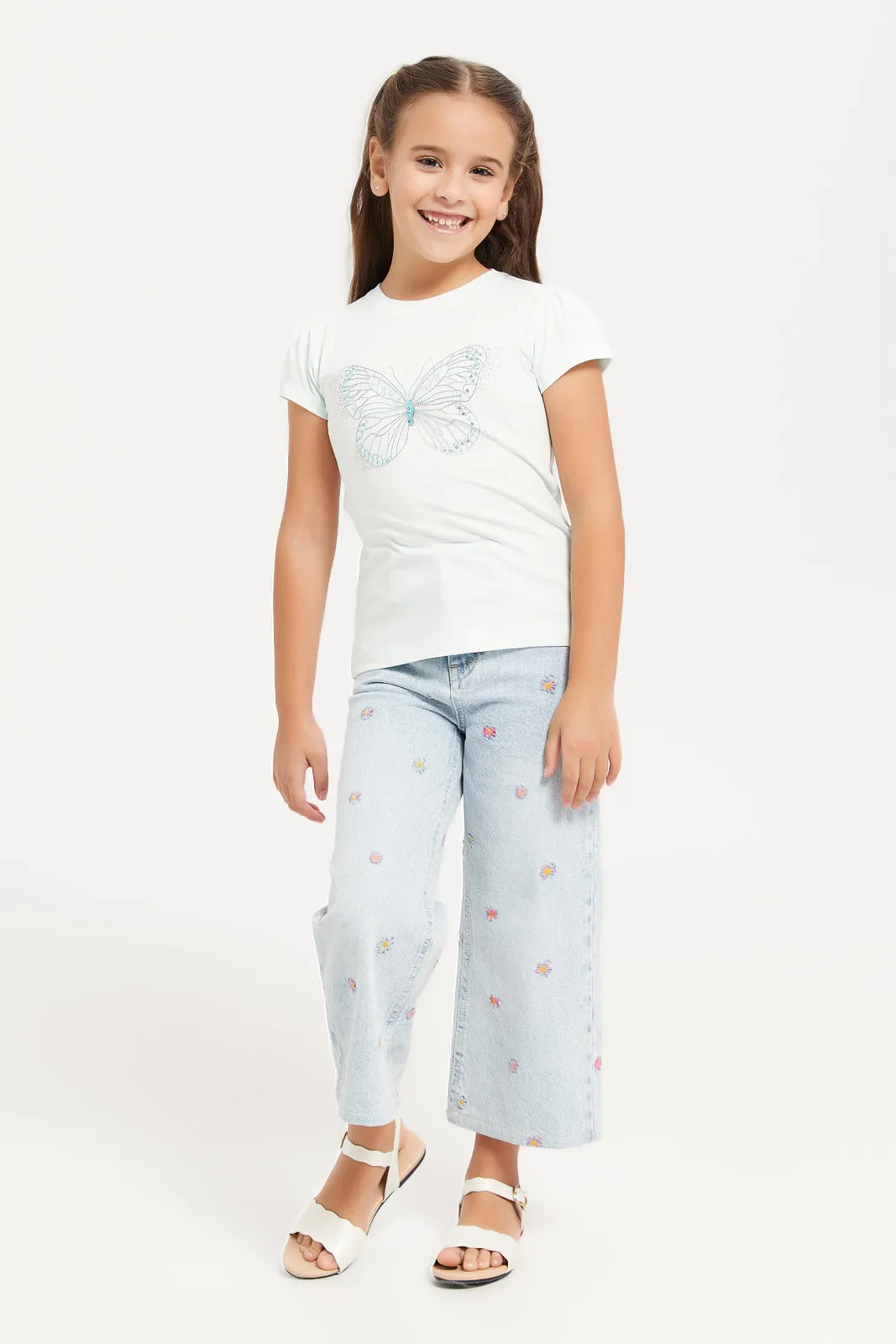 Girls White Butterfly Sequins T-Shirt