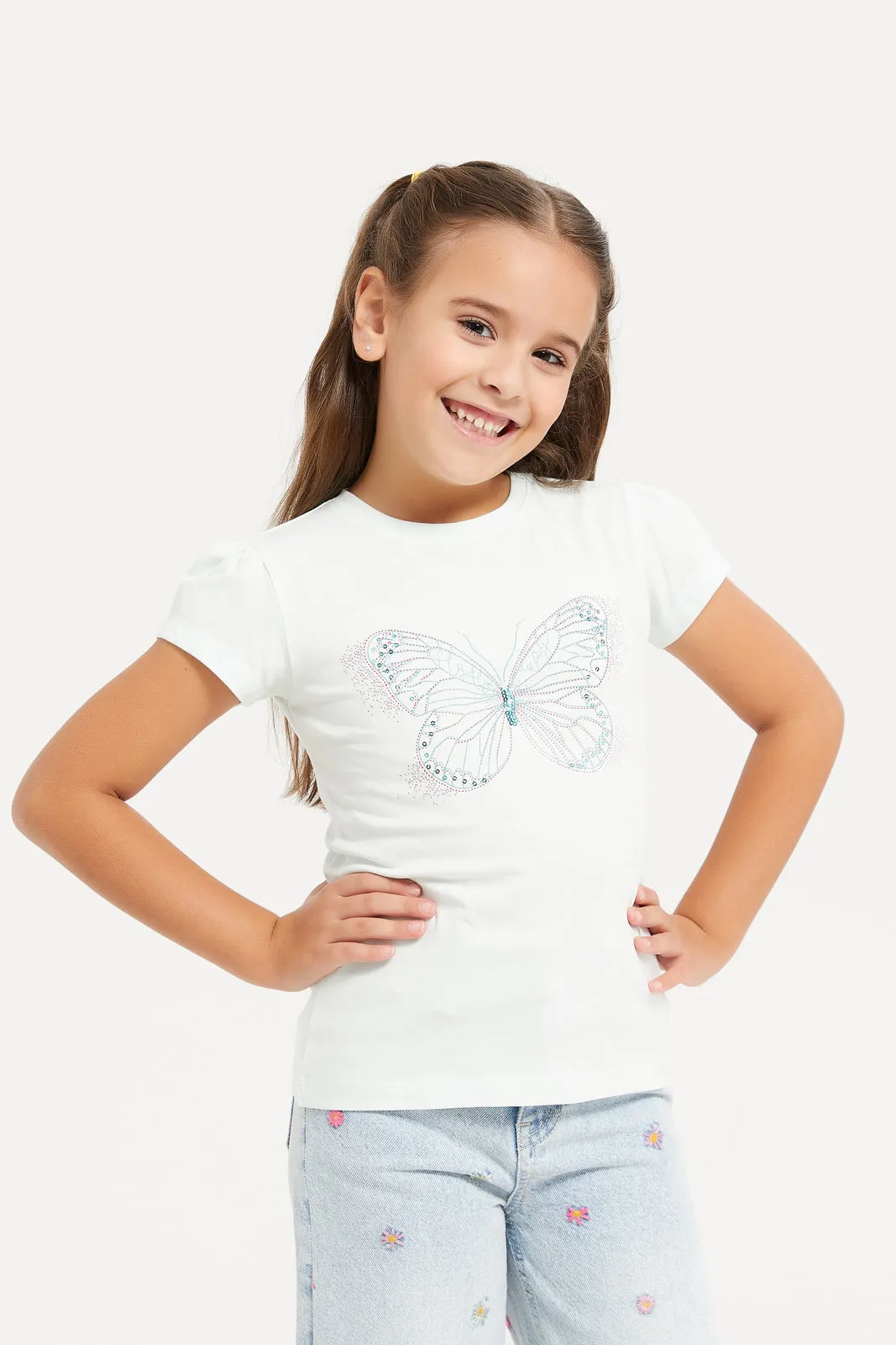 Girls White Butterfly Sequins T-Shirt